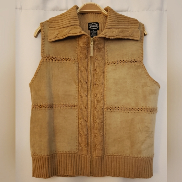 VTG Designers Studio Originals Womens Suede Sweater Vest Tan Full Zip Size M - Picture 1 of 4